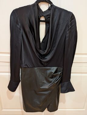 Maeve by Anthropologie Black Draped Neck Satin and Faux Leather Mini Dress